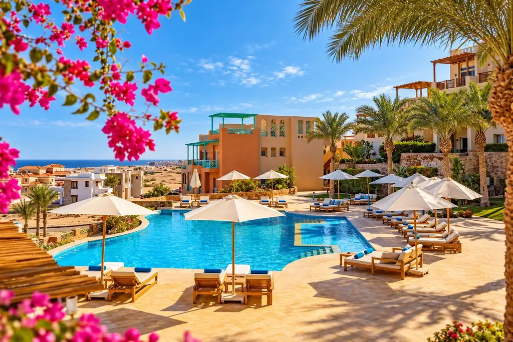 KI-Illustration: Pool mit Sonnenschirmen im AJIRA Resort Sahl Hasheesh