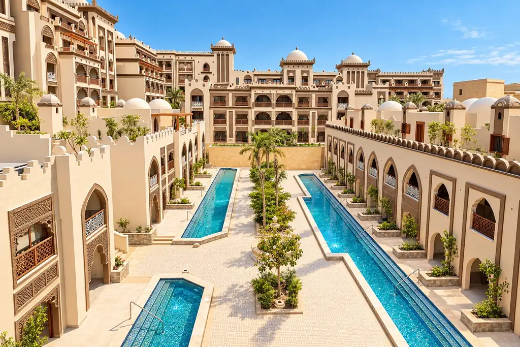 KI-Illustration: Innenhof mit langen Pools im Al Kasr Sahl Hasheesh