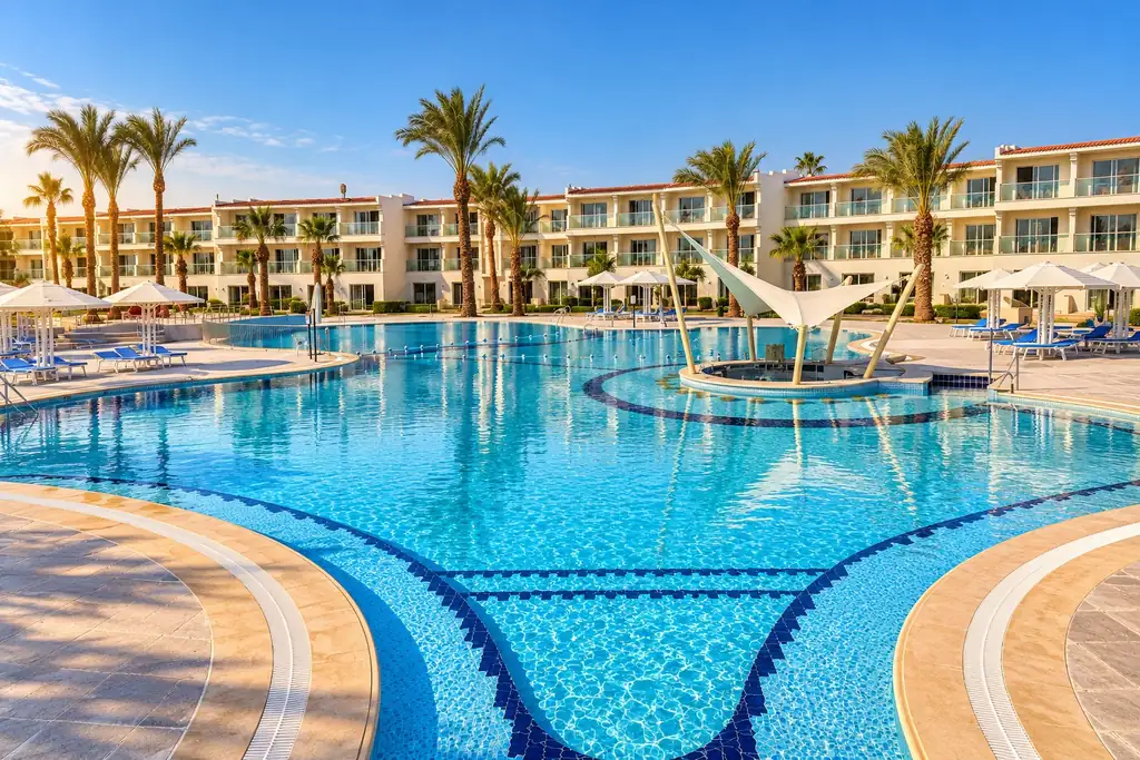 KI-Illustration: Pool vor dem Hotelgebäude im Amarina Abu Soma Resort & Aquapark
