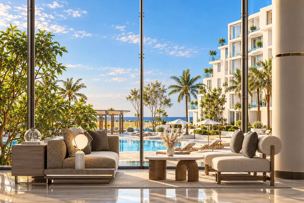 KI-Illustration: Lounge mit Poolblick im Amarina Sapphire Beach Hotel