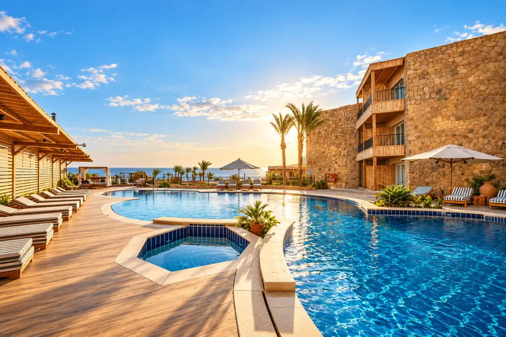 KI-Illustration: Pool und Sonnenterrasse mit Meerblick im ananea Hurghada