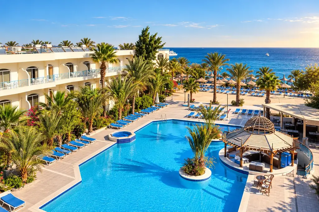 KI-Illustration: Pool mit Meerblick im Bella Vista Resort