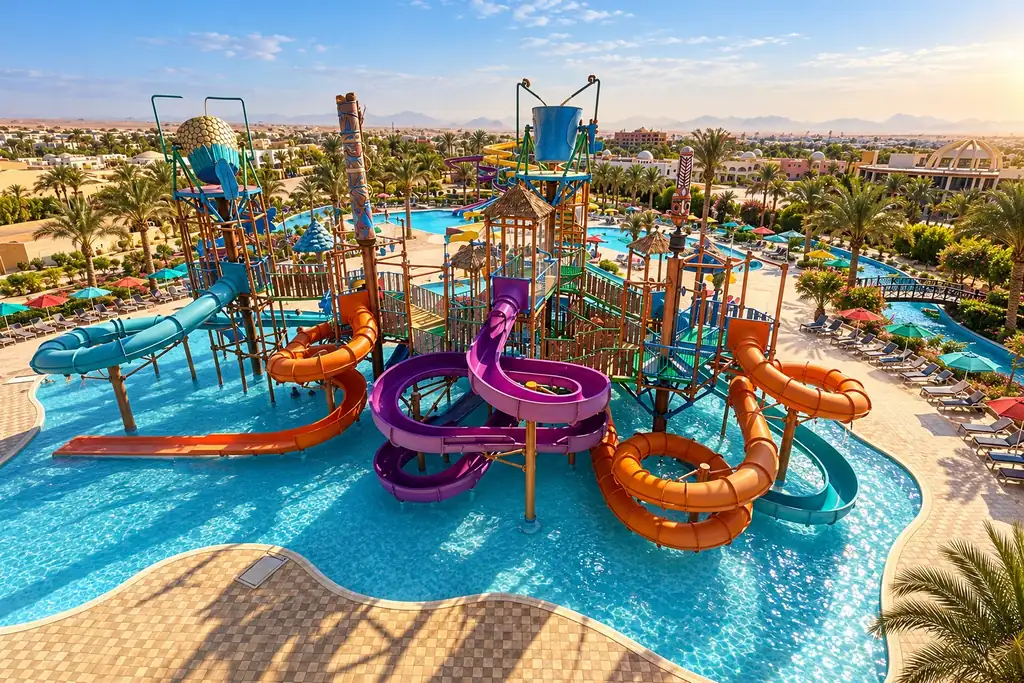 KI-Illustration: Wasserspielplatz mit Rutschen im Calimera Blend Paradise
