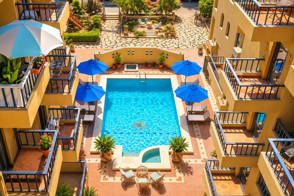 KI-Illustration: Innenhof mit Pool im Cordoba Suits