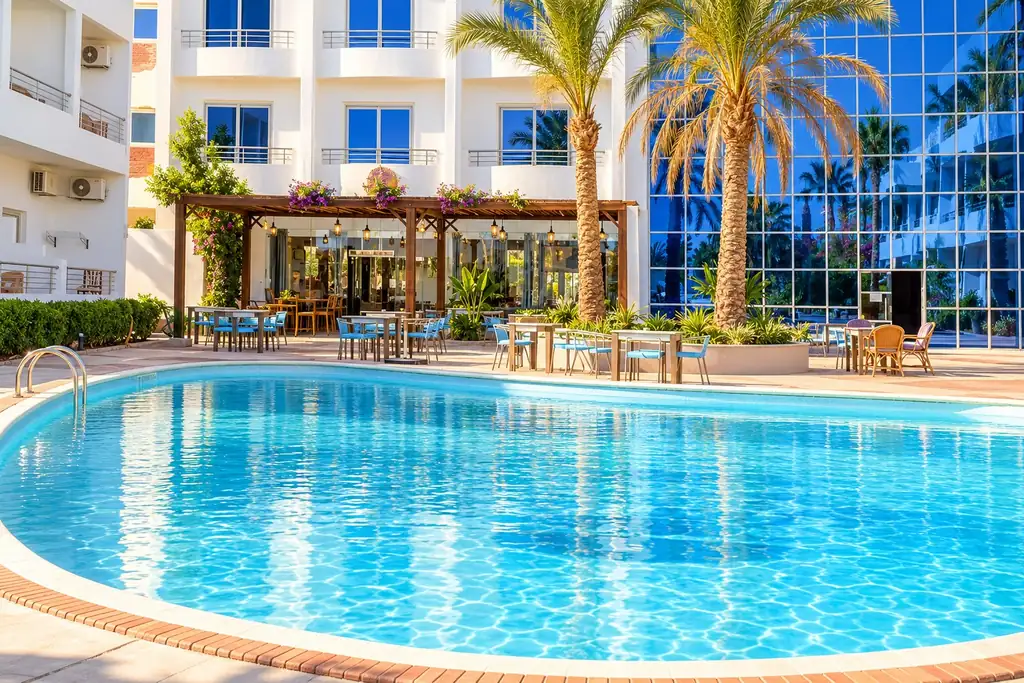 KI-Illustration: Pool vor dem Hotelgebäude im Elite Sea Sky Beach Resort