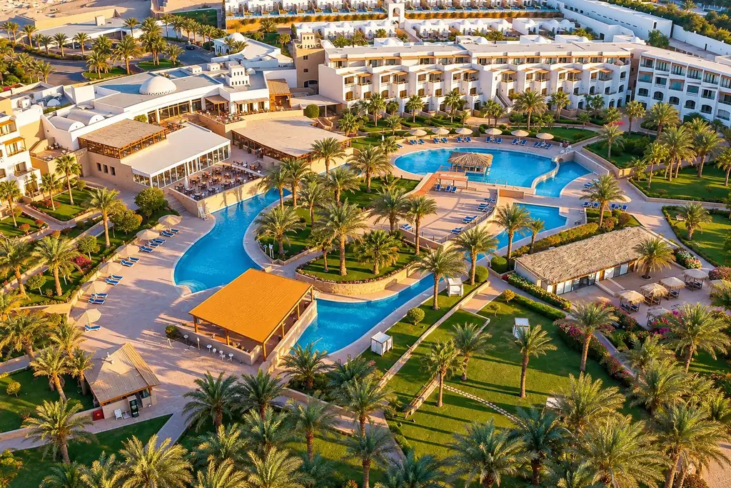 KI-Illustration: Gartenanlage mit Pools von oben im Fort Arabesque The Beach Resort