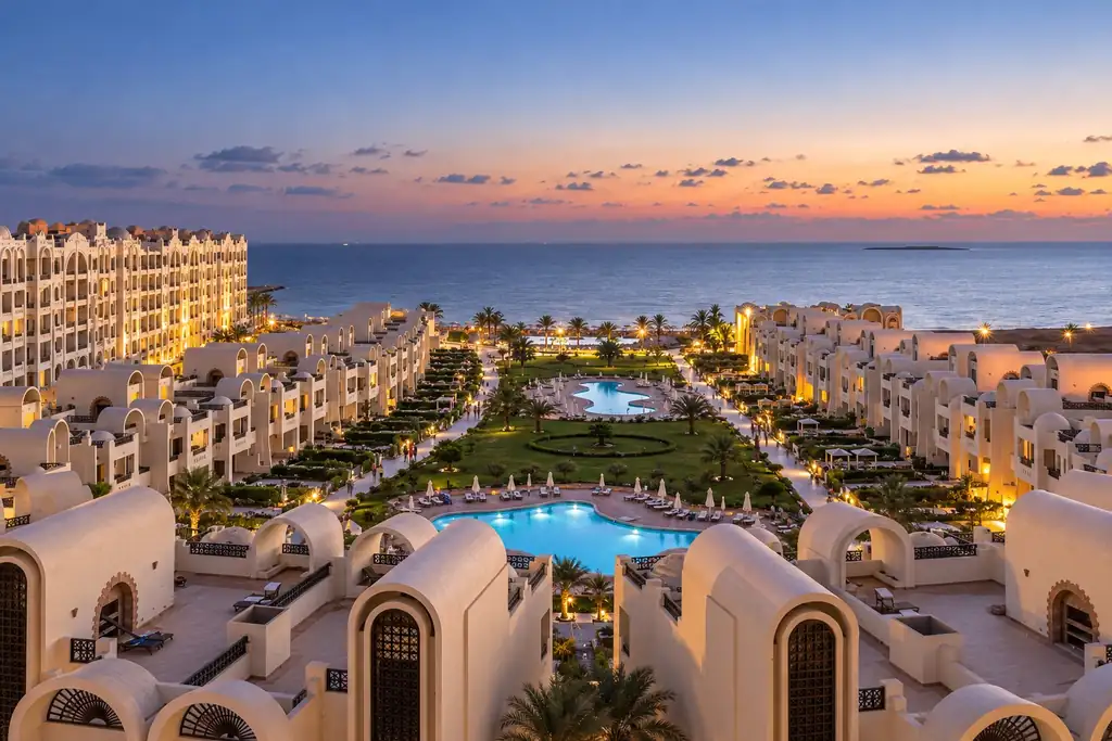 KI-Illustration: Hotelgebäude und Pools mit Meerblick in der Dämmerung im Gravity Hotel & Aquapark Sahl Hasheesh