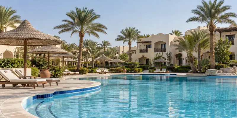 Poolanlage mit Palmen, Strohschirmen und Liegen in einem Hotel am Roten Meer
