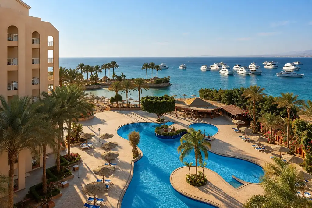 KI-Illustration: Pool und Blick auf das Meer im Hurghada Marriott Beach Resort