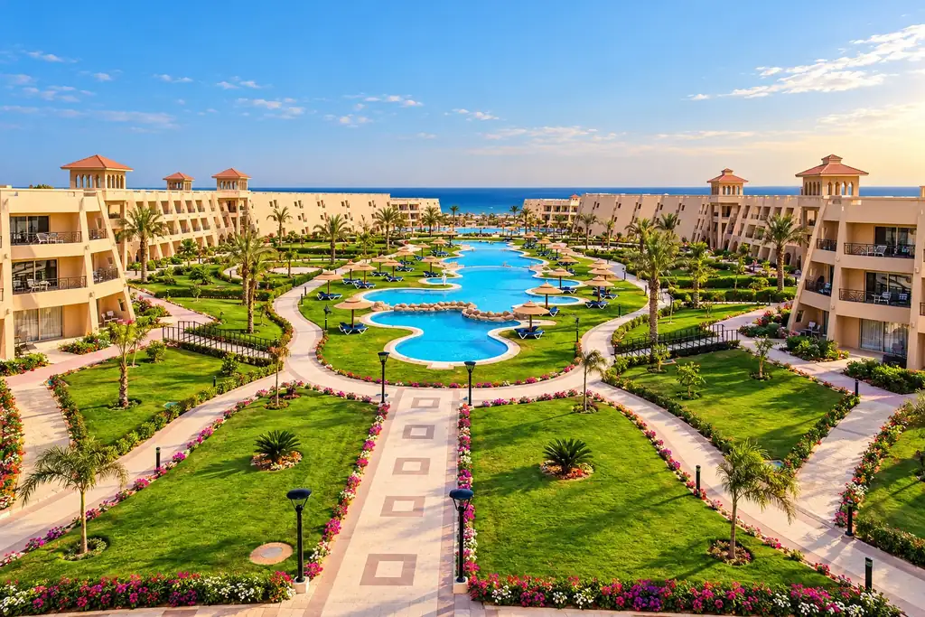 KI-Illustration: Gartenanlage mit Pool im Jasmine Palace Resort & Spa