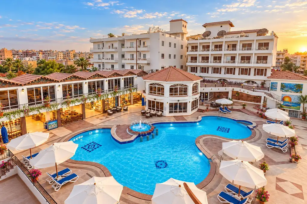 KI-Illustration: Pool mit Springbrunnen im Minamark Beach Resort & Spa