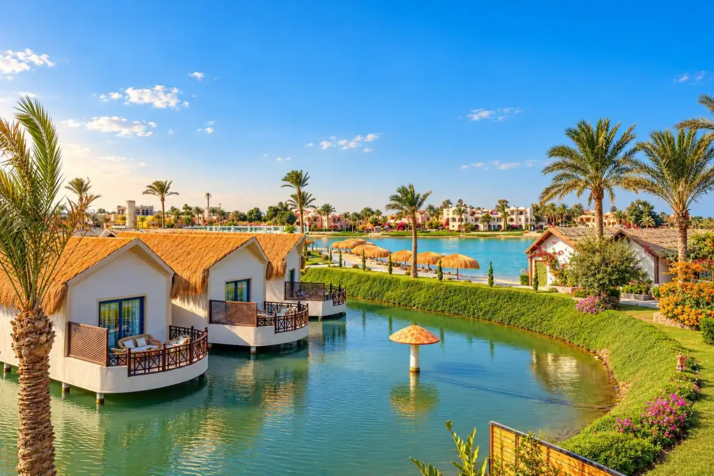 KI-Illustration: Bungalows an der Lagune im Panorama Bungalows Resort El Gouna