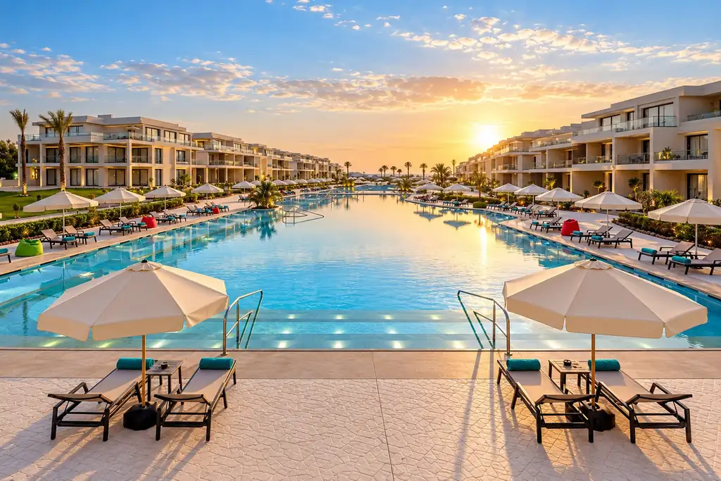 KI-Illustration: Pool bei Sonnenuntergang im Rixos Premium Magawish Bay View