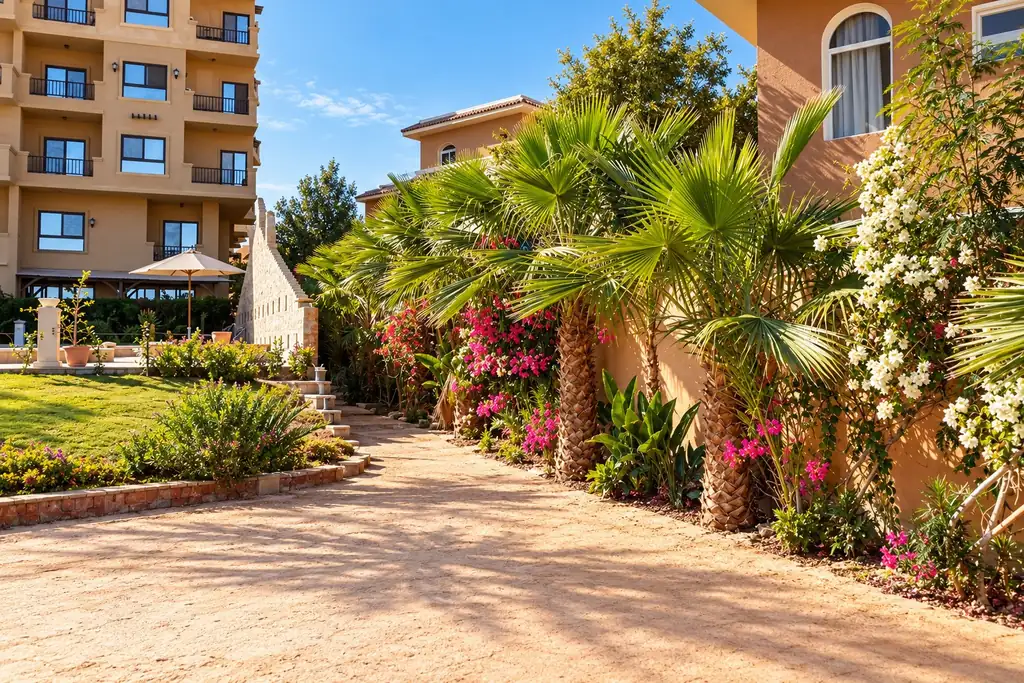KI-Illustration: Garten mit Palmen im SeaView Turtles