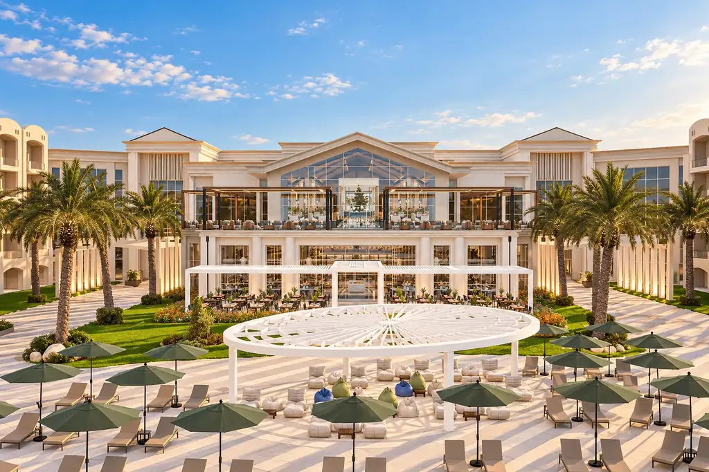 KI-Illustration: Hauptgebäude mit Poolterrasse im SRNTY Sahl Hasheesh