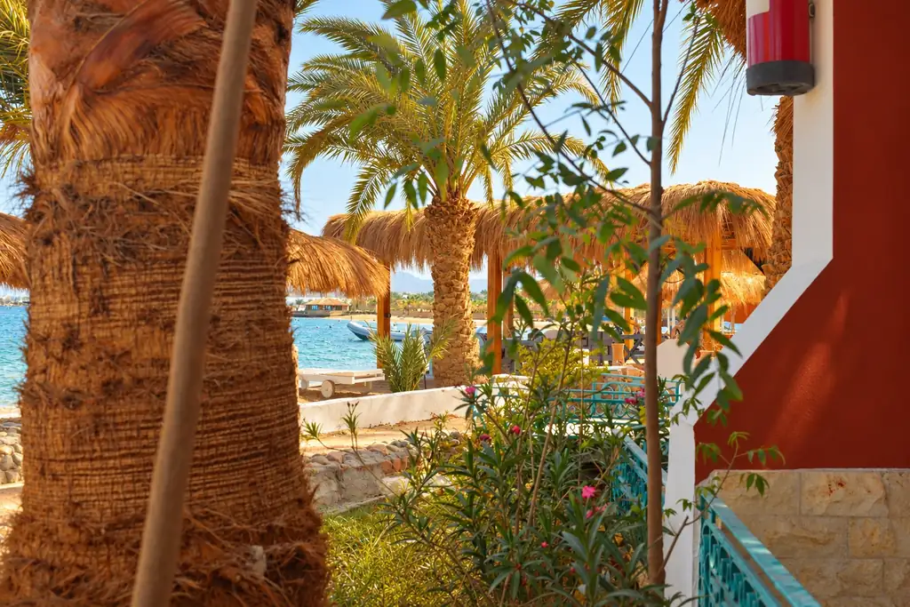 KI-Illustration: Garten mit Blick aufs Meer im Sun Beach Hotel Abo Soma