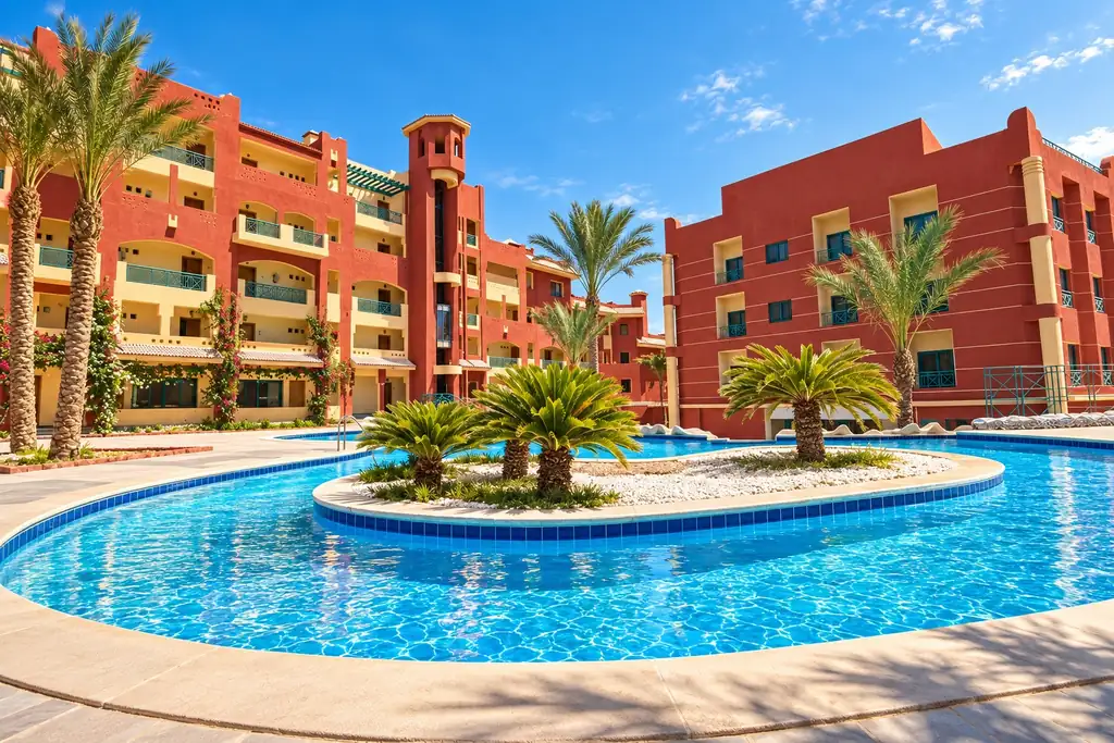 KI-Illustration: Pool mit Palmeninsel im Sun & Sea Hotel and Aqua Park