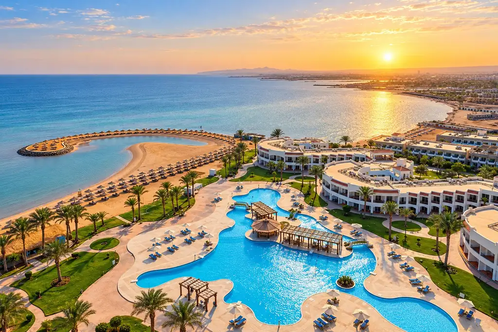 KI-Illustration: Anlage mit Pools und Strand von oben im SUNRISE Alma Bay Resort