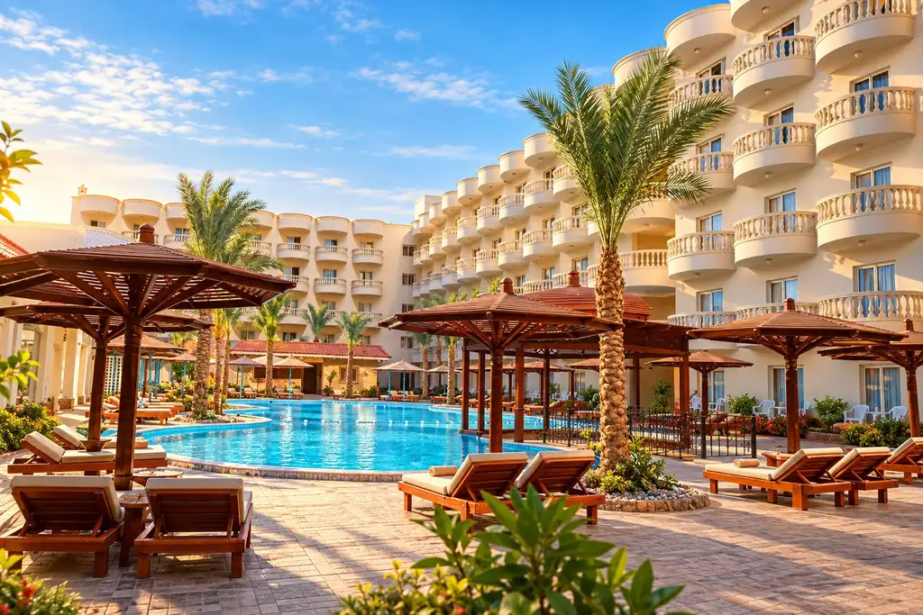 KI-Illustration: Pool mit Sonnenschirmen im SUNRISE Serano Aqua Park Resort
