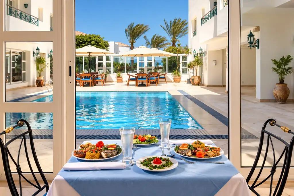 KI-Illustration: Restaurant mit Poolblick im Swiss Wellness Dive Resort