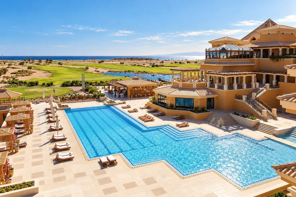 KI-Illustration: Pool mit Blick auf den Golfplatz im The Cascades Golf Resort, Spa & Thalasso