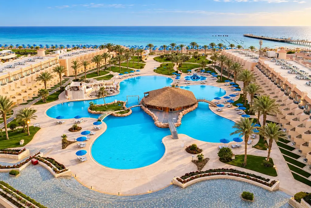 KI-Illustration: Poolanlage mit Meerblick im V Grand Beach Resort Sahl Hasheesh