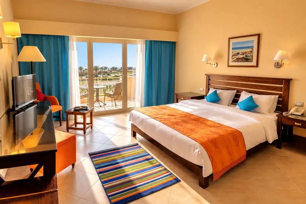KI-Illustration: Zimmer im Viva Blue Resort & Diving Sports